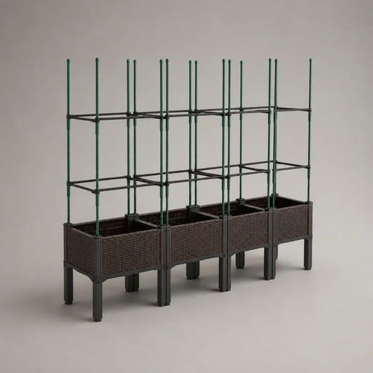Set di 4 fioriere rialzate rettangolari con traliccio in PP e acciaio, marrone scuro, verde scuro e nero, 160 x 40 x 150 cm