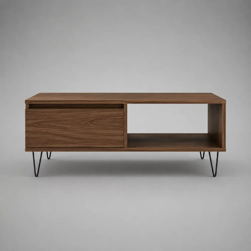 Tavolino rettangolare in legno e metallo con cassetto e vano aperto, marrone noce e nero, 110 x 50 x 45 cm