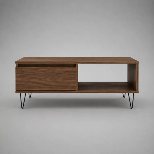 Tavolino rettangolare in legno e metallo con cassetto e vano aperto, marrone noce e nero, 110 x 50 x 45 cm