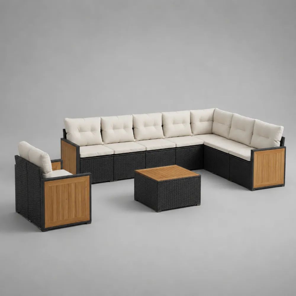 Set divano angolare da giardino 3 pezzi, 8 posti, in rattan PE, acciaio e legno, con cuscini crema, 250 x 190 x 75 cm