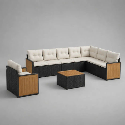 Set divano angolare da giardino 3 pezzi, 8 posti, in rattan PE, acciaio e legno, con cuscini crema, 250 x 190 x 75 cm