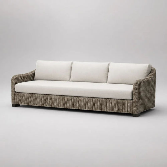 Divano da esterno rettangolare a 3 posti in rattan PE e metallo con cuscini in tessuto, tortora e crema, 220 x 90 x 80 cm
