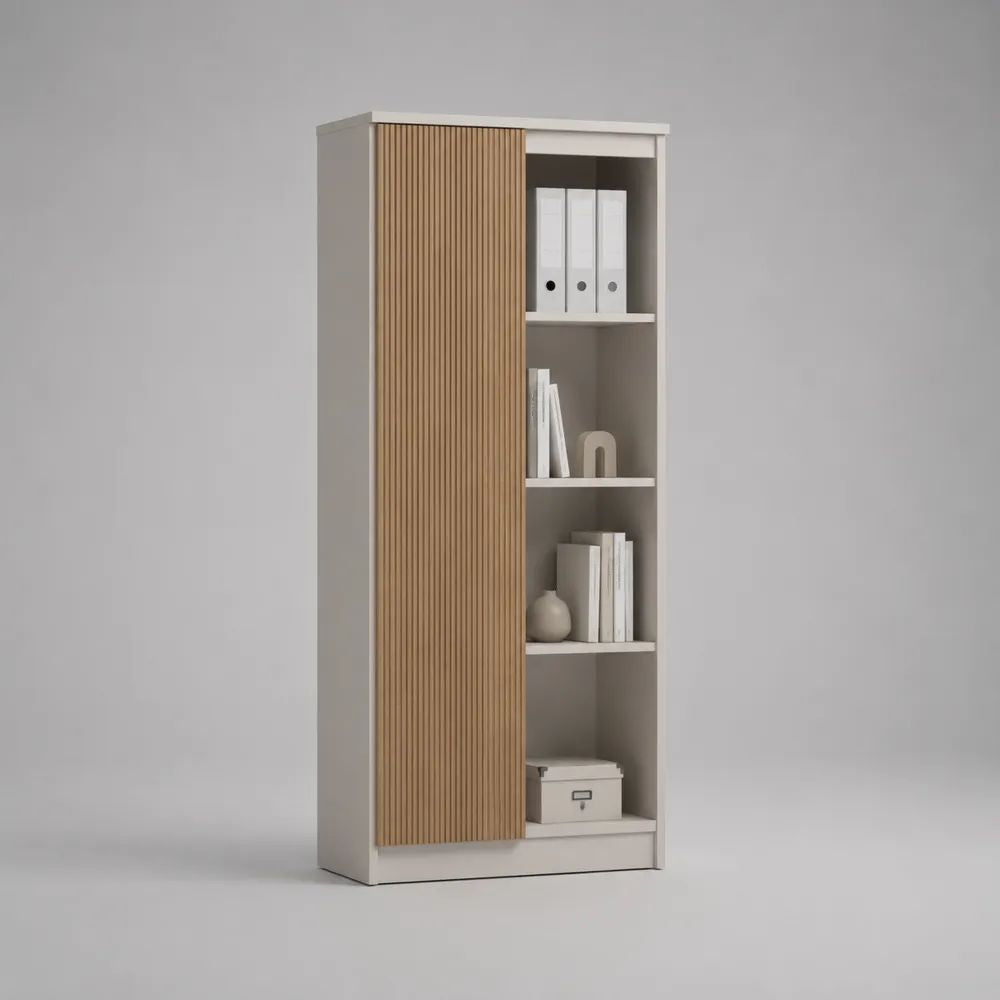 Libreria con anta scorrevole in MDF e pannelli truciolari melaminici, bianco e rovere naturale, 80 x 35 x 180 cm