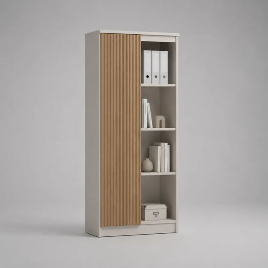 Libreria con anta scorrevole in MDF e pannelli truciolari melaminici, bianco e rovere naturale, 80 x 35 x 180 cm