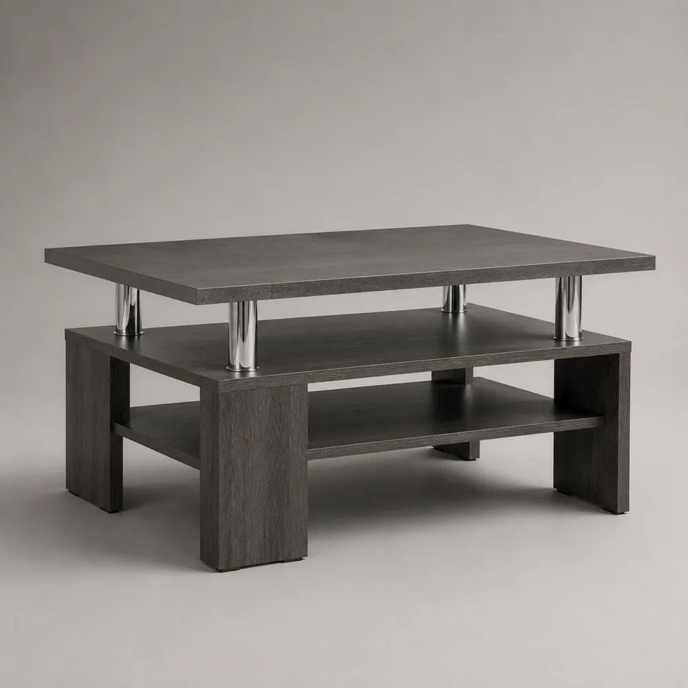 Tavolino da salotto rettangolare a 3 livelli in truciolare melaminico e acciaio cromato, grigio cemento e antracite, 90 x 55 x 45 cm