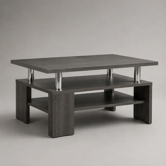 Tavolino da salotto rettangolare a 3 livelli in truciolare melaminico e acciaio cromato, grigio cemento e antracite, 90 x 55 x 45 cm