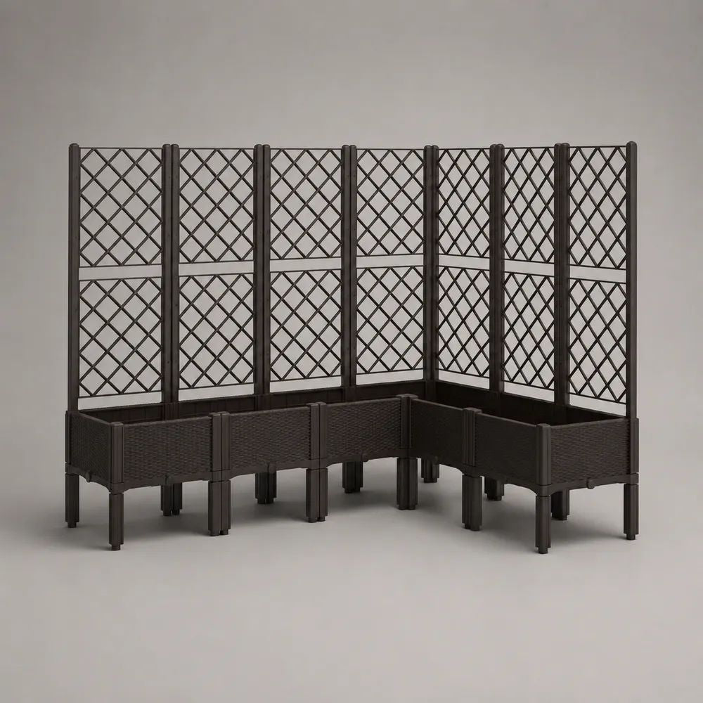 Set di 7 fioriere rialzate modulari con grigliato in plastica marrone, 160 x 160 x 140 cm, moduli da 40 x 40 cm
