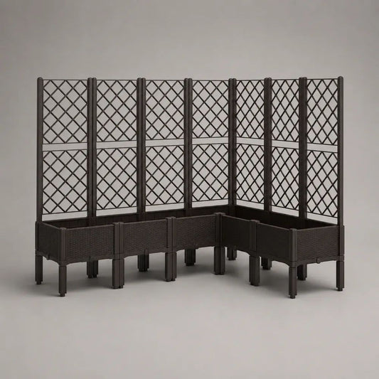 Set di 7 fioriere rialzate modulari con grigliato in plastica marrone, 160 x 160 x 140 cm, moduli da 40 x 40 cm
